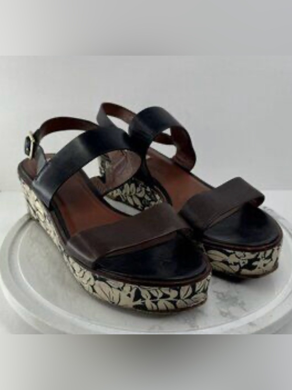 Women's Black Leather Platform Sandals with Printed Wedge